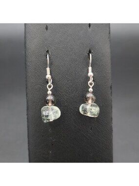 Raw Prehnite and Smoky Quartz Stone Dangle Earrings A7824